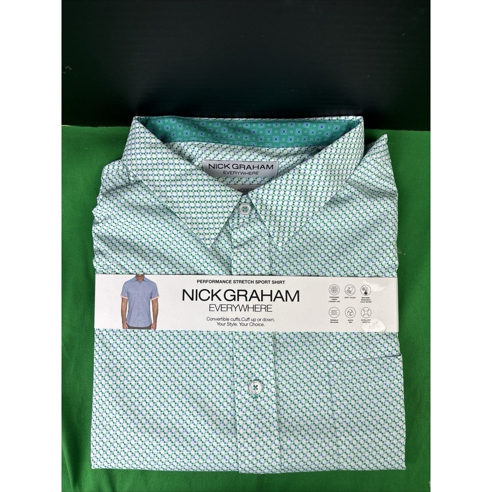 Nick Graham Mens Everywhere Short Sleeve Printed Shirt Size S Green Modern Fit